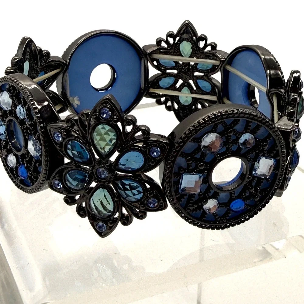 Blue Rhinestone Stretch Bracelet Black Tone Statement Floral Disc Link Boho Glam